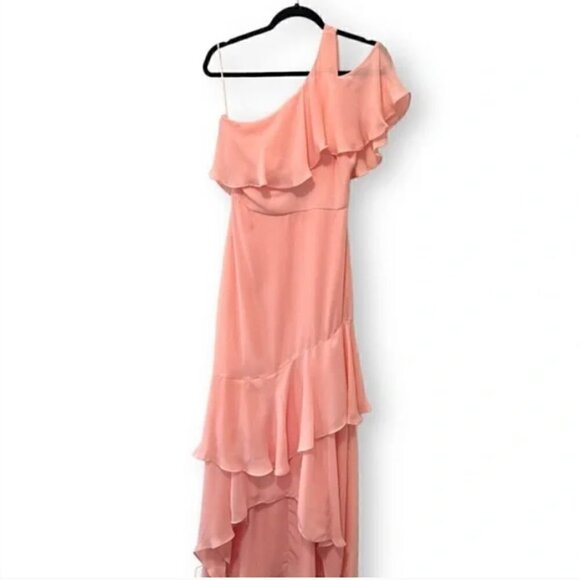 Parker Pink Sharon One Shoulder Chiffon Asymmetrical Hem Evening Gown Size 2 - Picture 3 of 5